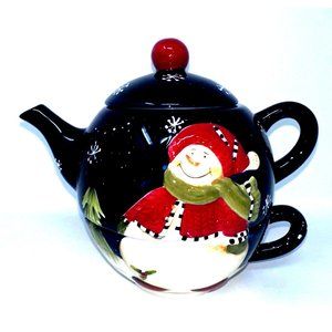 Wongs Ceramic Teapot For One Navy Snowman Snowflakes Pine Trees 3 Pc 20 oz 2006